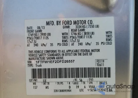 2013 Ford F150 Supercrew z USA, uszkodzony, nr VIN 1FTFW1EF2DFD26557